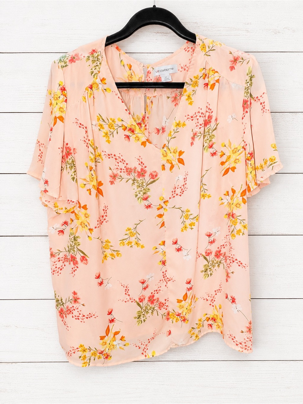 Liz Claiborne  Peach Floral V-Neck Short Flutter Sleeve Blouse